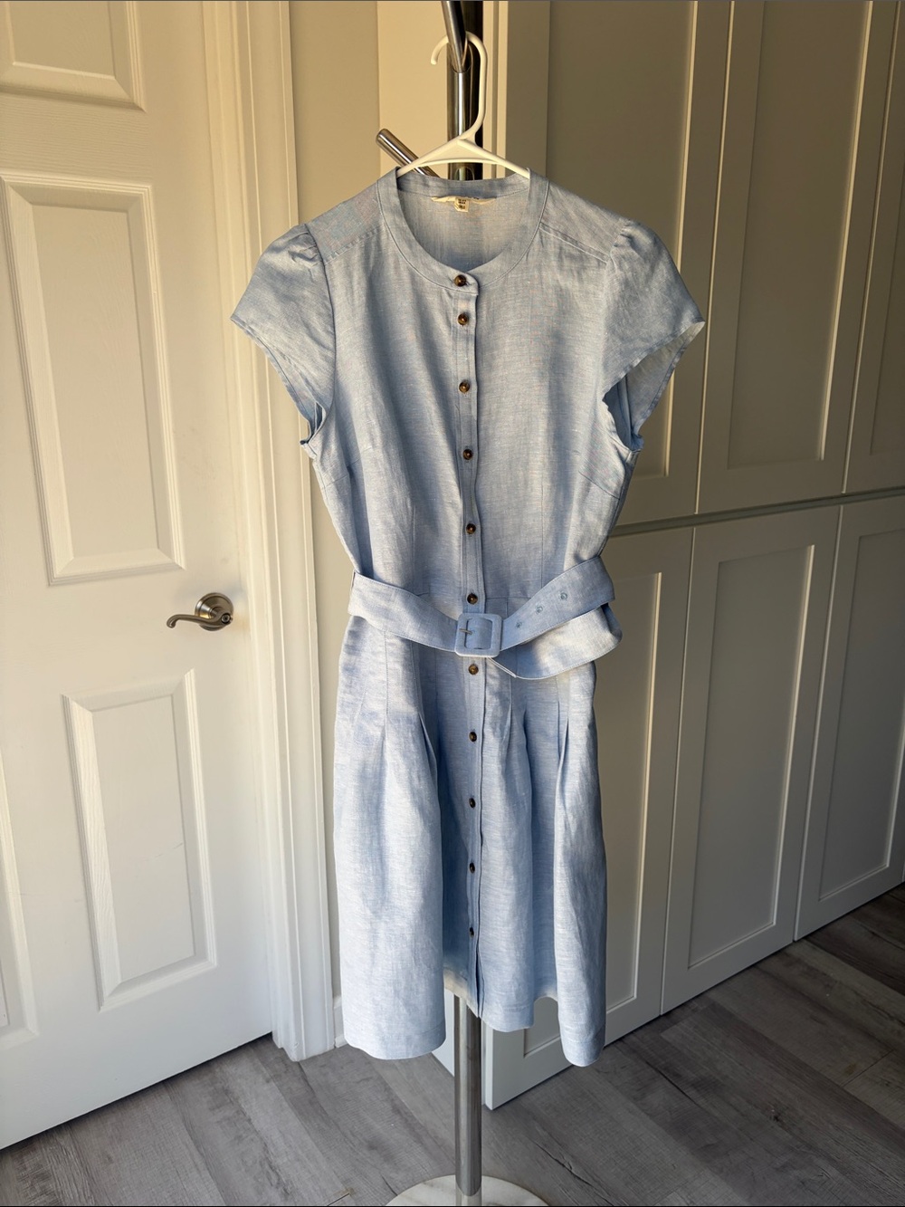 Boden Light Blue Linen-Blend Midi Dress with Waist Tie, Size US8R.